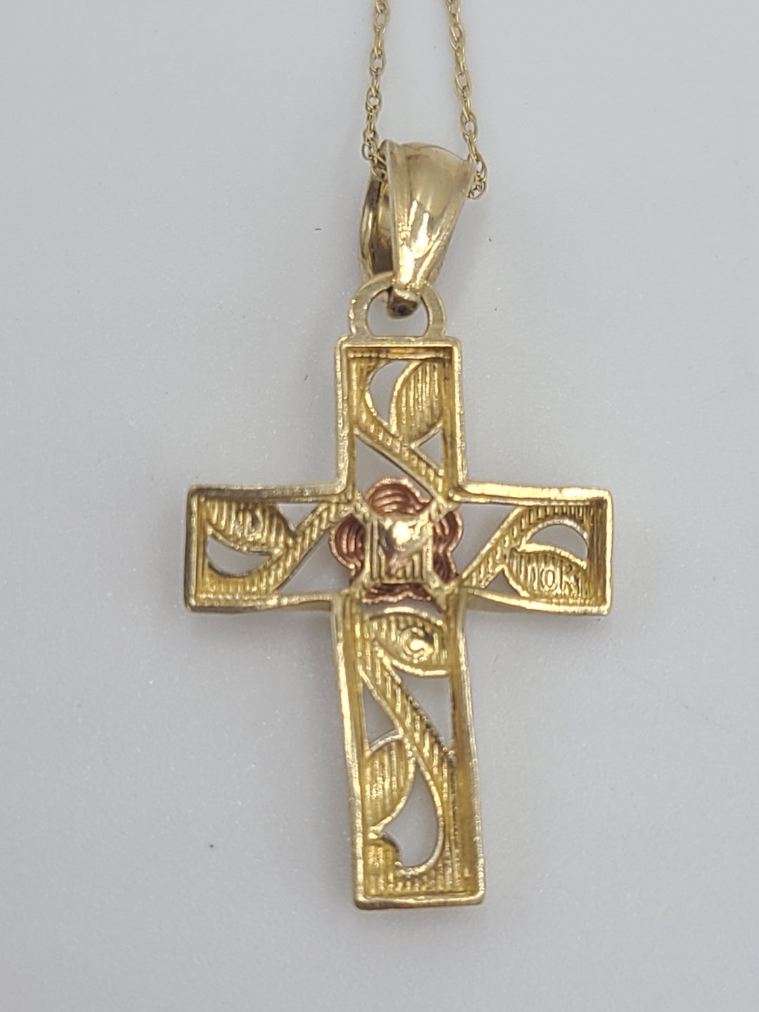 k711 Dainty Ladies 10kt Yellow & Rose Gold Cross Pendant and 18" Link Chain