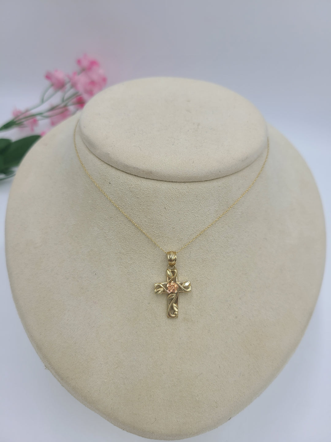 k711 Dainty Ladies 10kt Yellow & Rose Gold Cross Pendant and 18" Link Chain