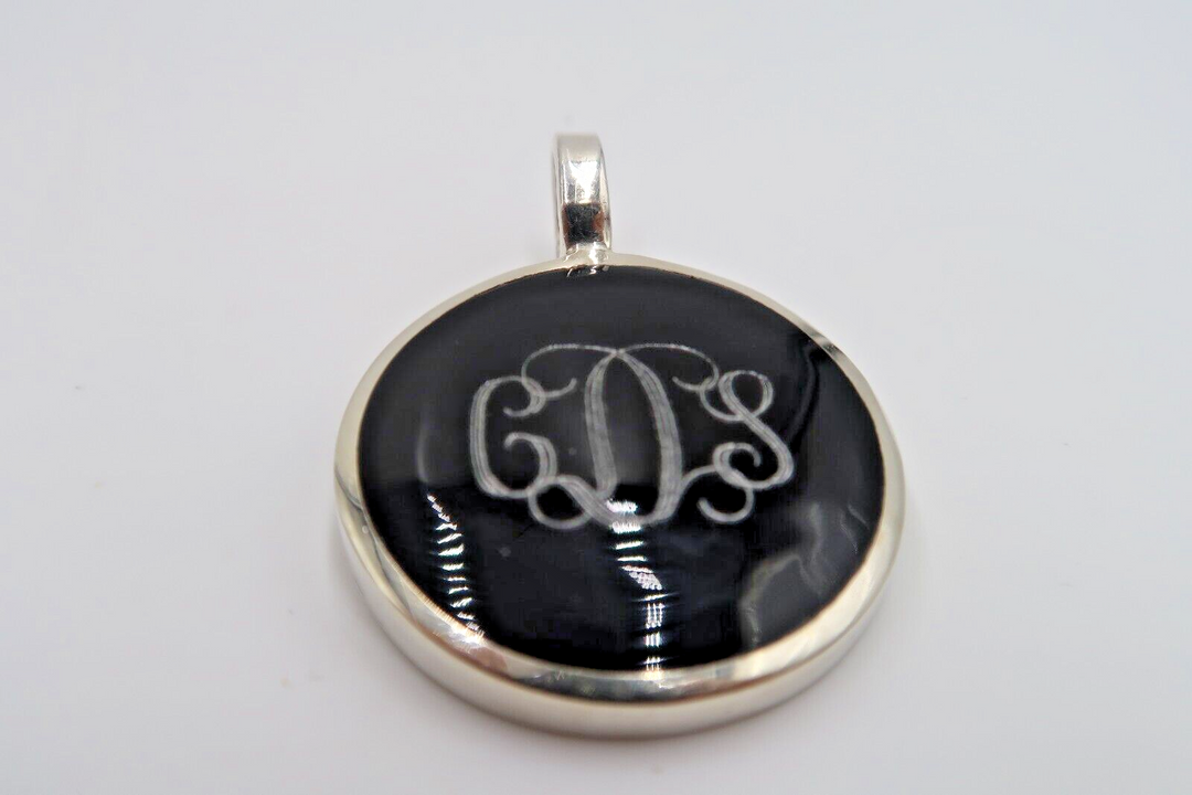 t600 Monogram pendant Estate Solid Sterling Silver Large Black Onyx