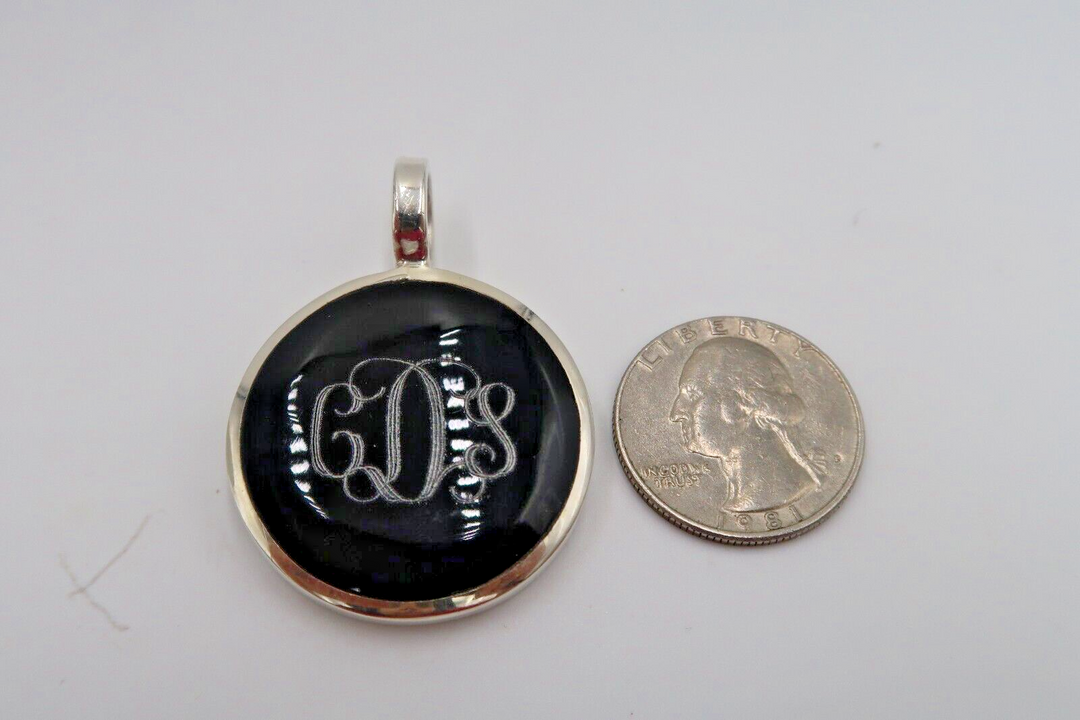 t600 Monogram pendant Estate Solid Sterling Silver Large Black Onyx