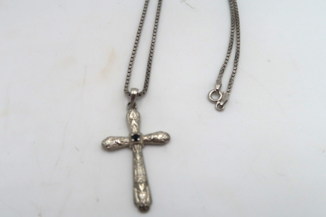 t608 Hand Made Beautiful Intricate Small Cross 925 With Blue Sapphire Necklace