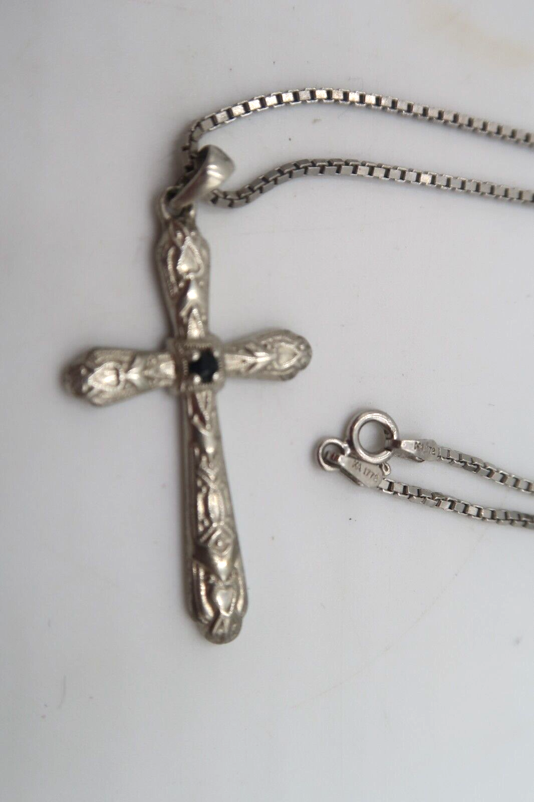 t608 Hand Made Beautiful Intricate Small Cross 925 With Blue Sapphire Necklace