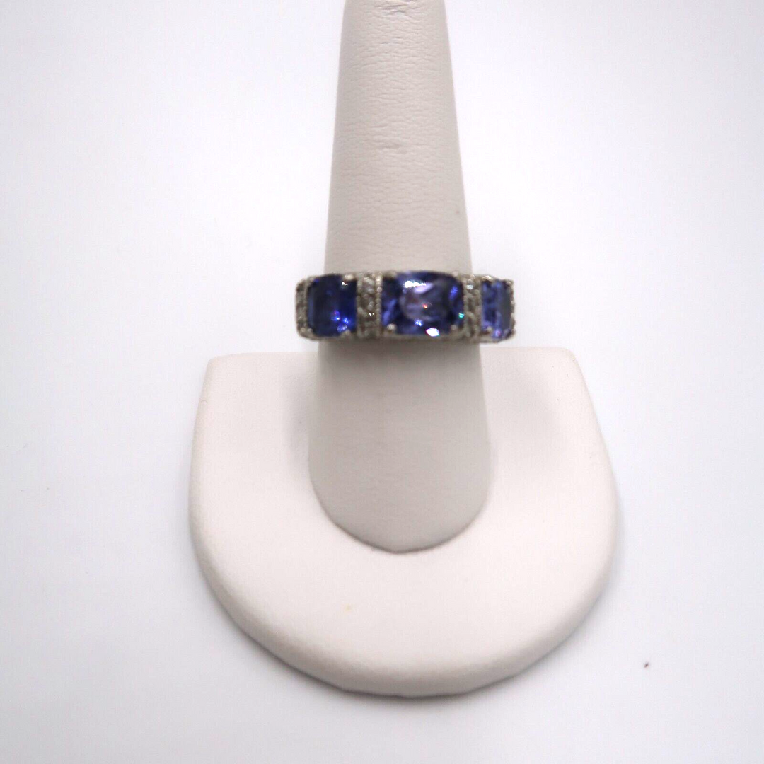 t584 925 Genuine Tanzanite and Genuine Untreated Natural White Zircons Ring Size 9