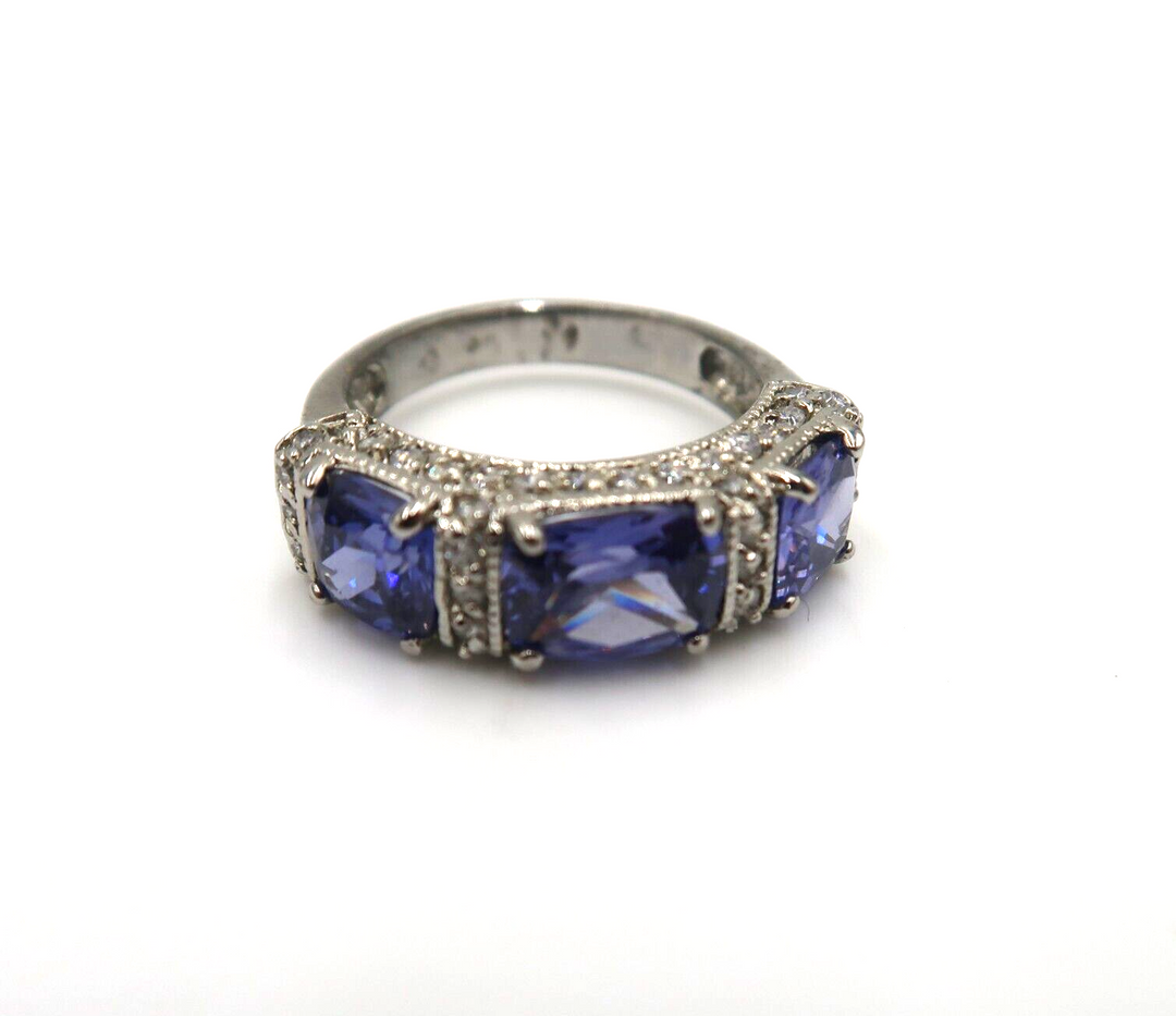 t584 925 Genuine Tanzanite and Genuine Untreated Natural White Zircons Ring Size 9