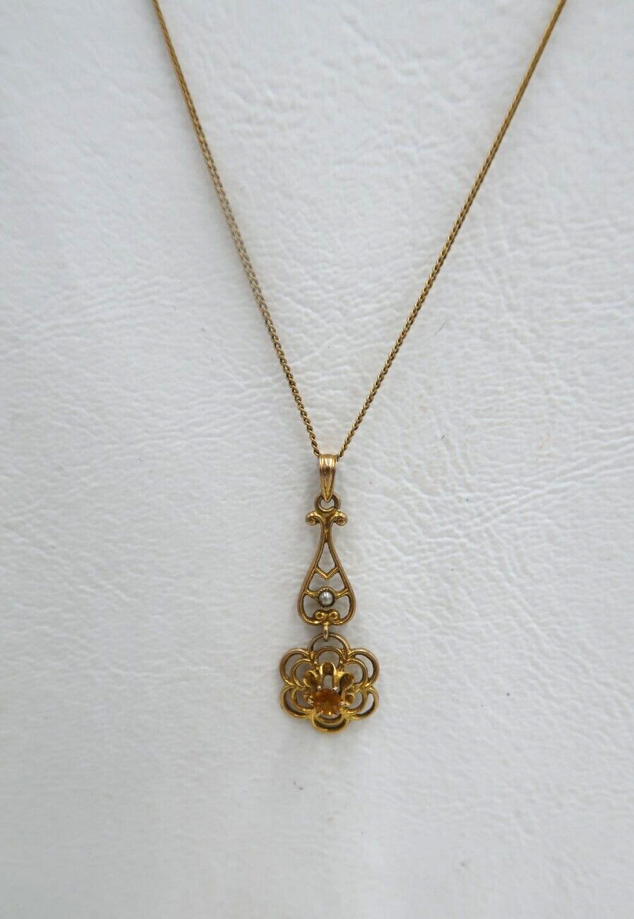 t539 Antique 10k Yellow Gold Topaz Buttercup Pendant Chain Necklace 15"