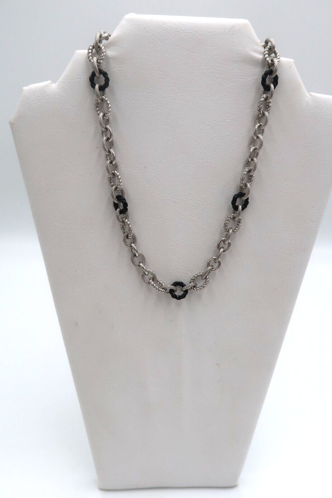 t589 Judith Ripka "Eternity" Black Onyx and Sterling Silver Oval-Link Station Necklace. 18"