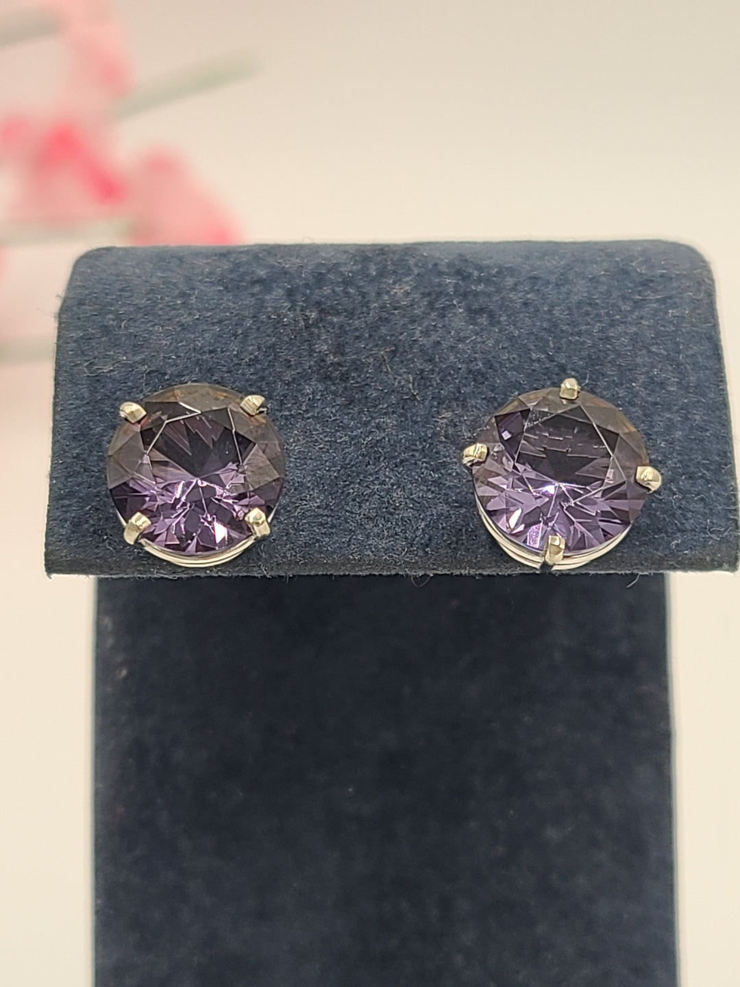 b995 Gorgeous Synthetic Amethyst Stud Earrings set in 14kt White Gold posts