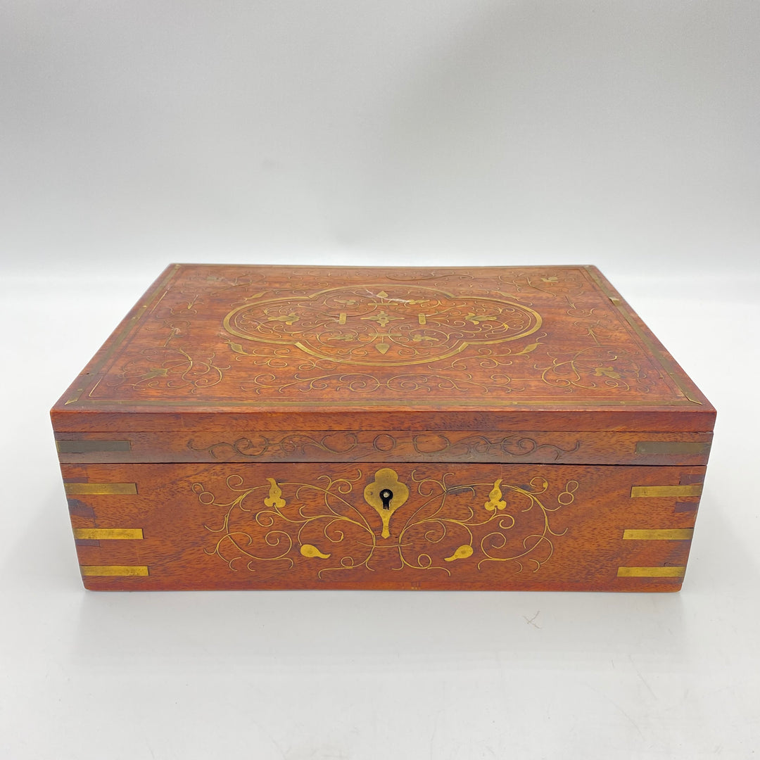 u403 Antique French Brown Wooden with Inlaid Brass Trinket Jewelry Box C 1900