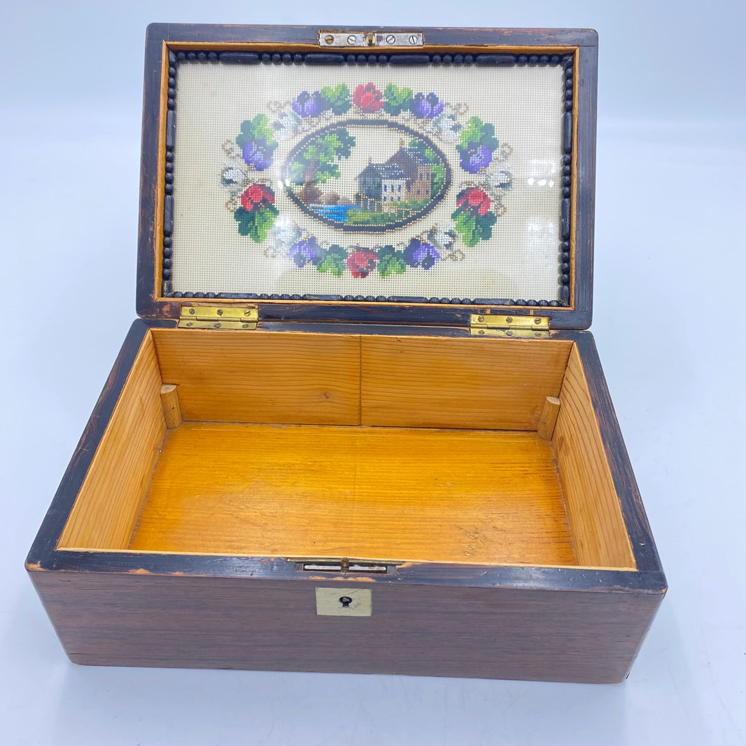 u407 Antique Victorian Brown Wooden Inlaid Brass Cigar Box Embroidered Ornament