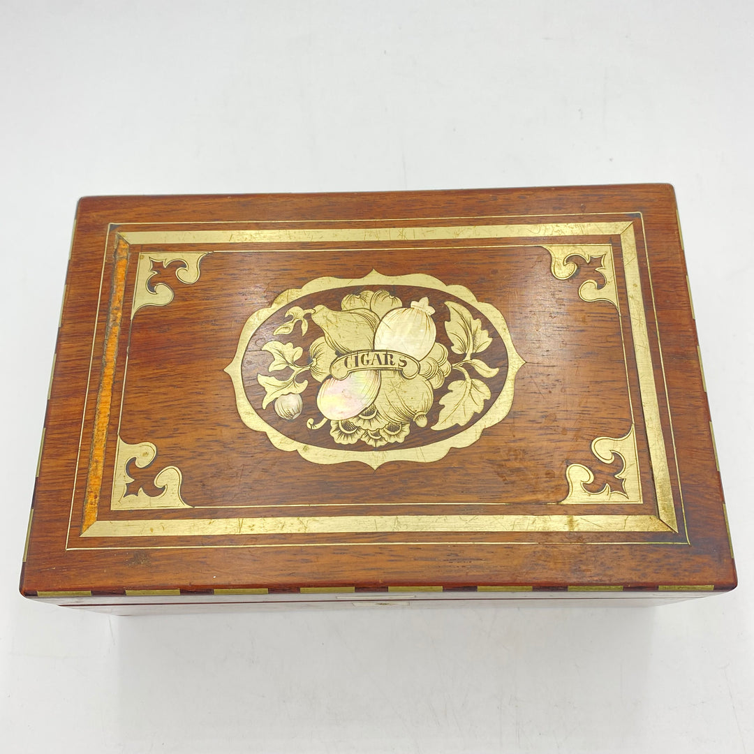 u407 Antique Victorian Brown Wooden Inlaid Brass Cigar Box Embroidered Ornament