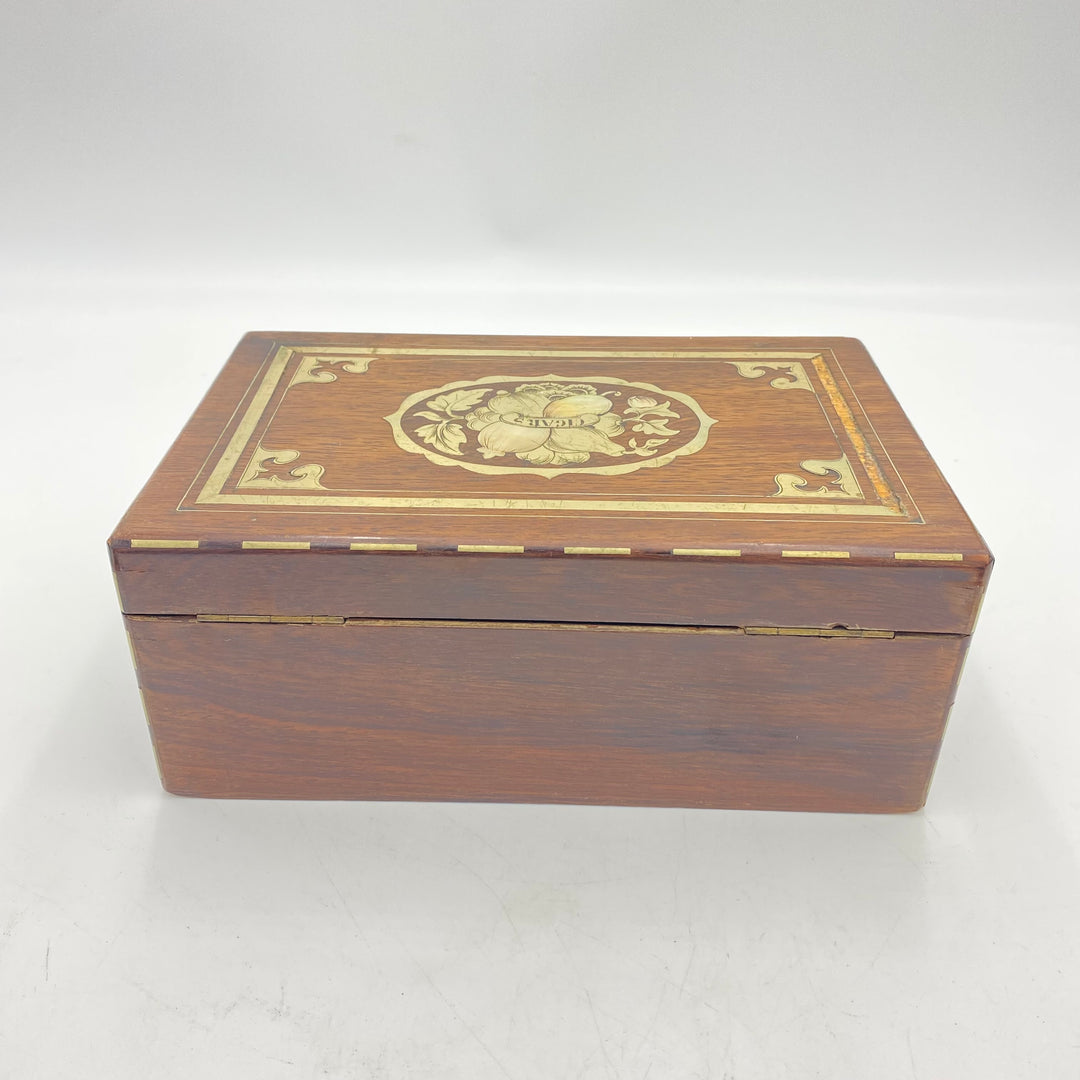 u407 Antique Victorian Brown Wooden Inlaid Brass Cigar Box Embroidered Ornament