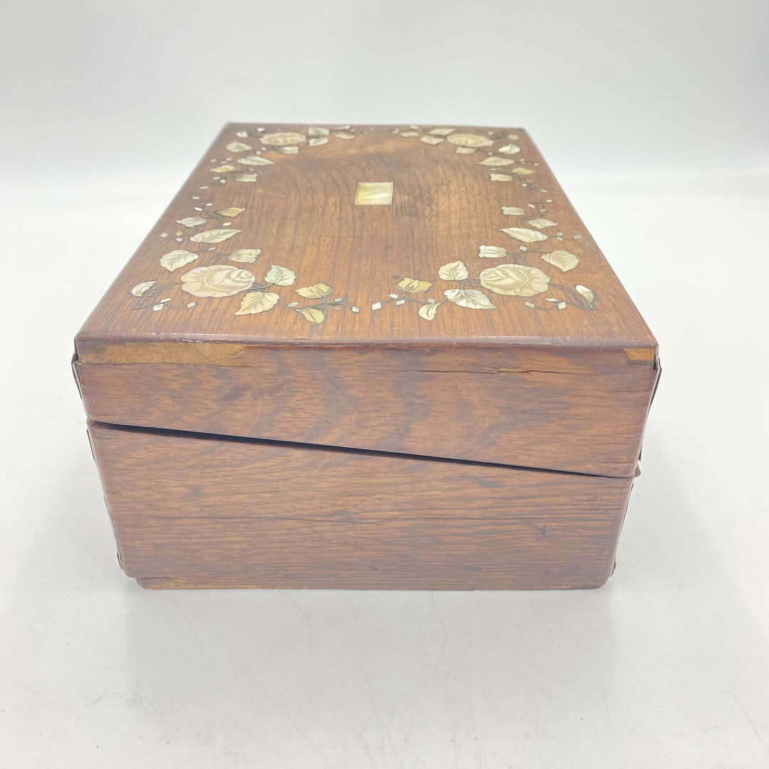 u408 Antique Brown Wooden Mother Of Pearl Floral Ornament Inlay Writing Box Lock