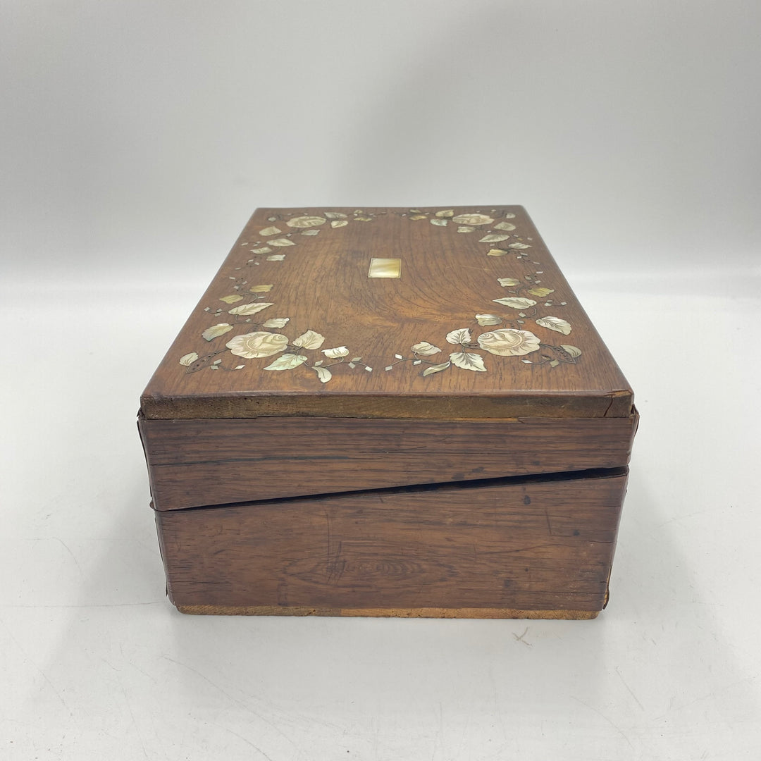 u408 Antique Brown Wooden Mother Of Pearl Floral Ornament Inlay Writing Box Lock