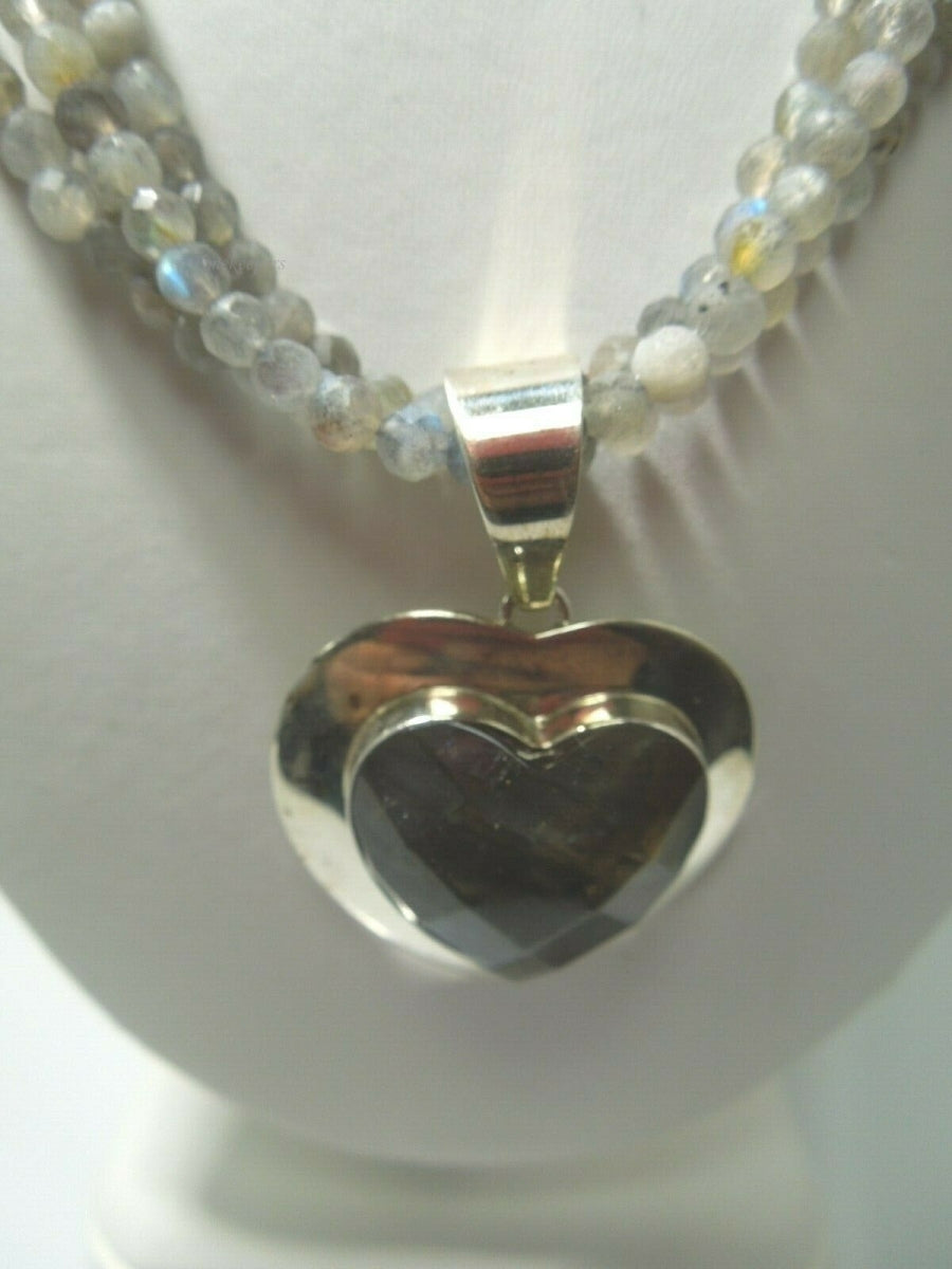 q444 Beautiful Delicate 3 Strand Labradorite Beads and Pendant 925 Sterling Silver Necklace 18"