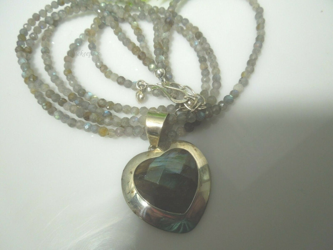 q444 Beautiful Delicate 3 Strand Labradorite Beads and Pendant 925 Sterling Silver Necklace 18"