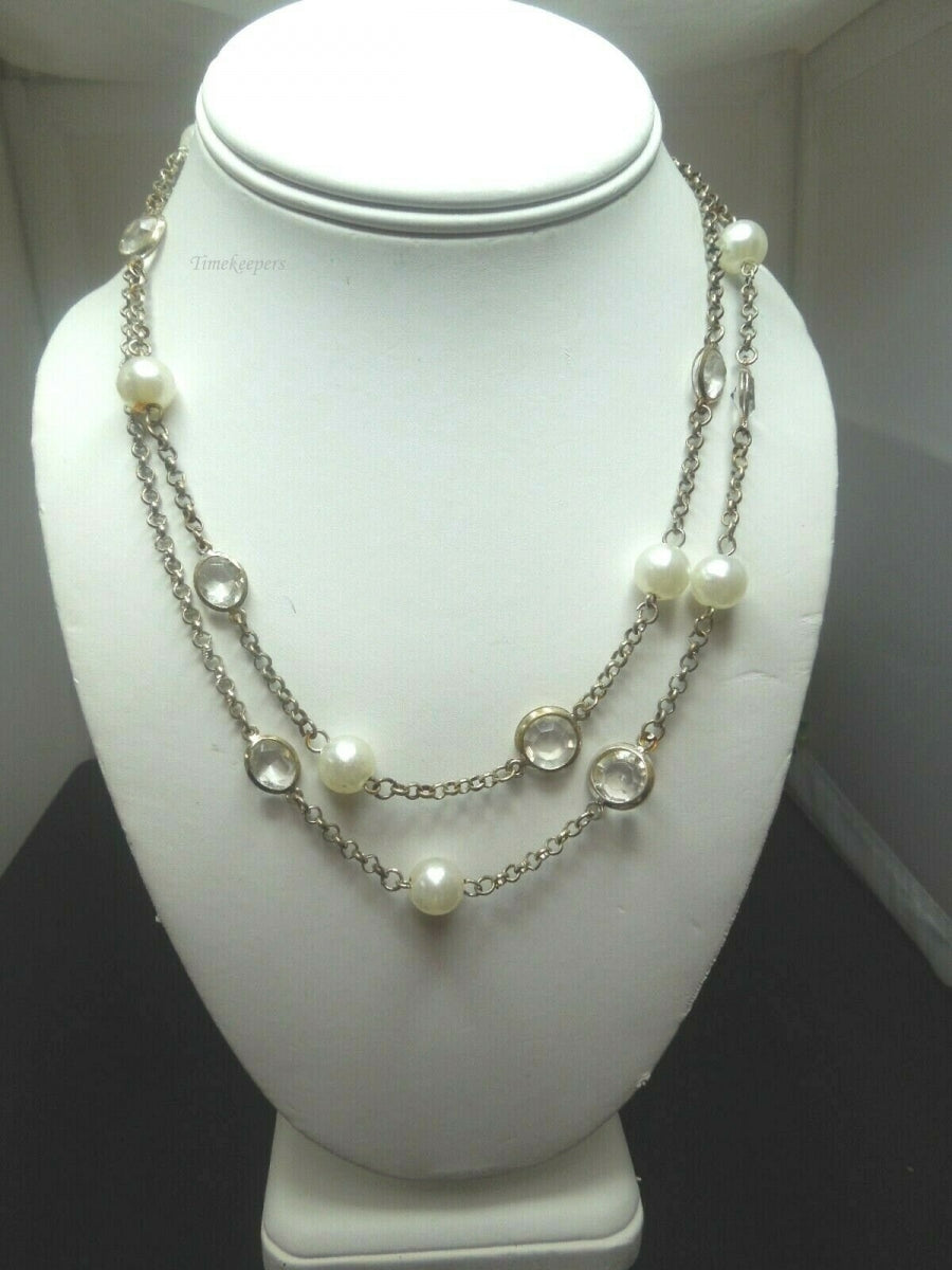 q485 Beautiful Silver Tone Pearl and Clear Stone Link Chain Necklace