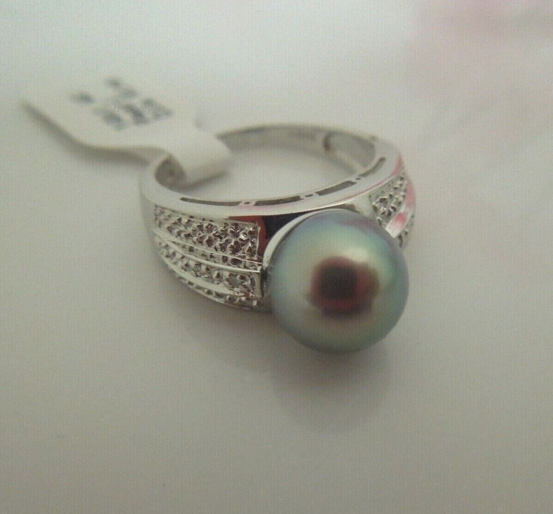 r926 14kt White Gold 9mm Tahitian Pearl and Diamond Ring Size 7 (USA) Signed 