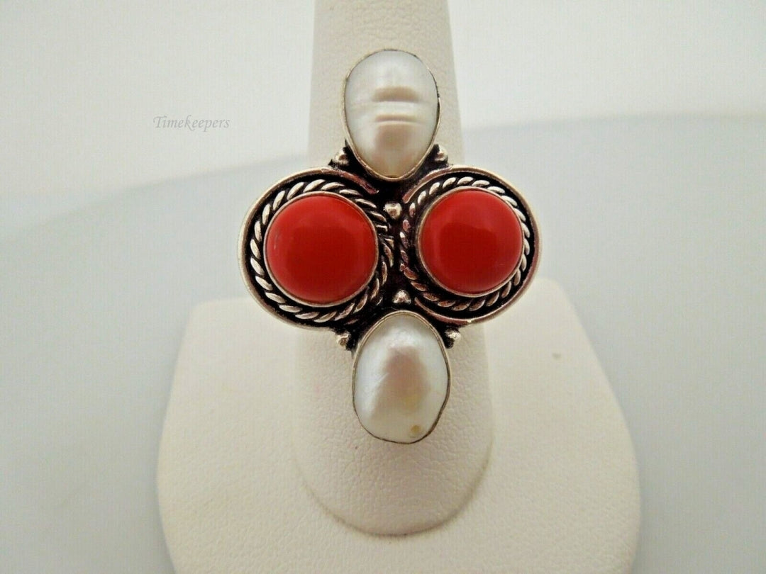 r624 Sterling Silver 925 Red Stones and Pearl Ring Size 9-1/2 Signed