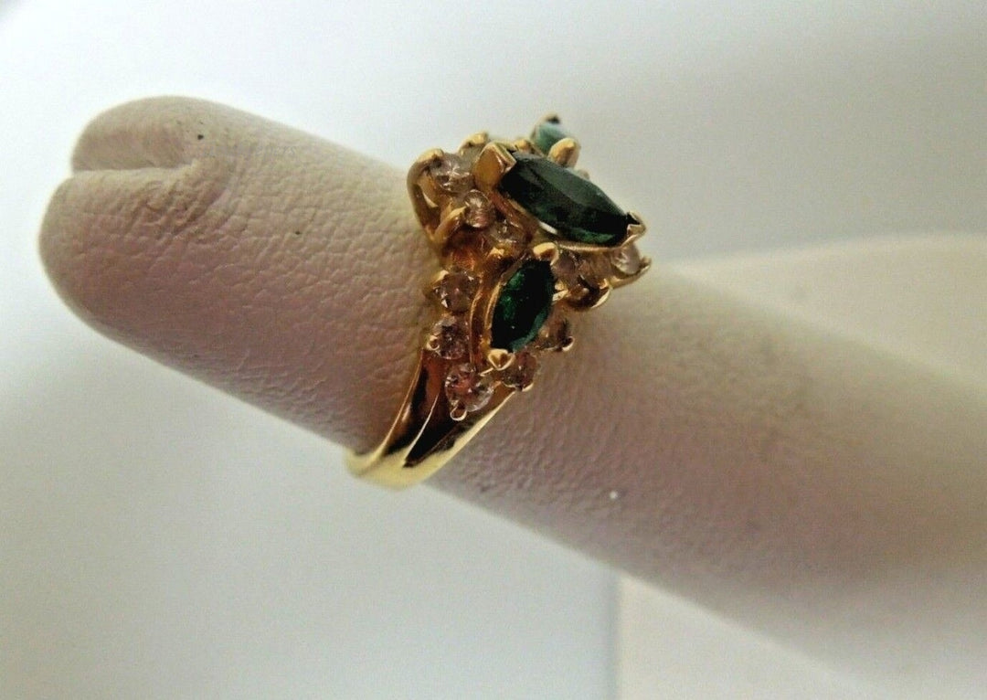 r852 14kt Yellow Gold Emerald Diamond Ring Size 4(USA) Signed 3.1g