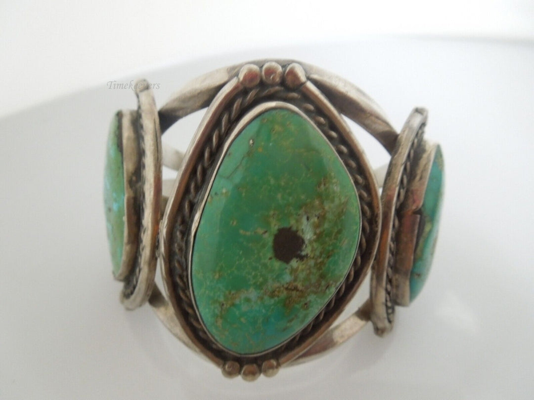 r987 Very Early Sterling Silver and Turquoise Fred Harvey Style cuff bracelet.