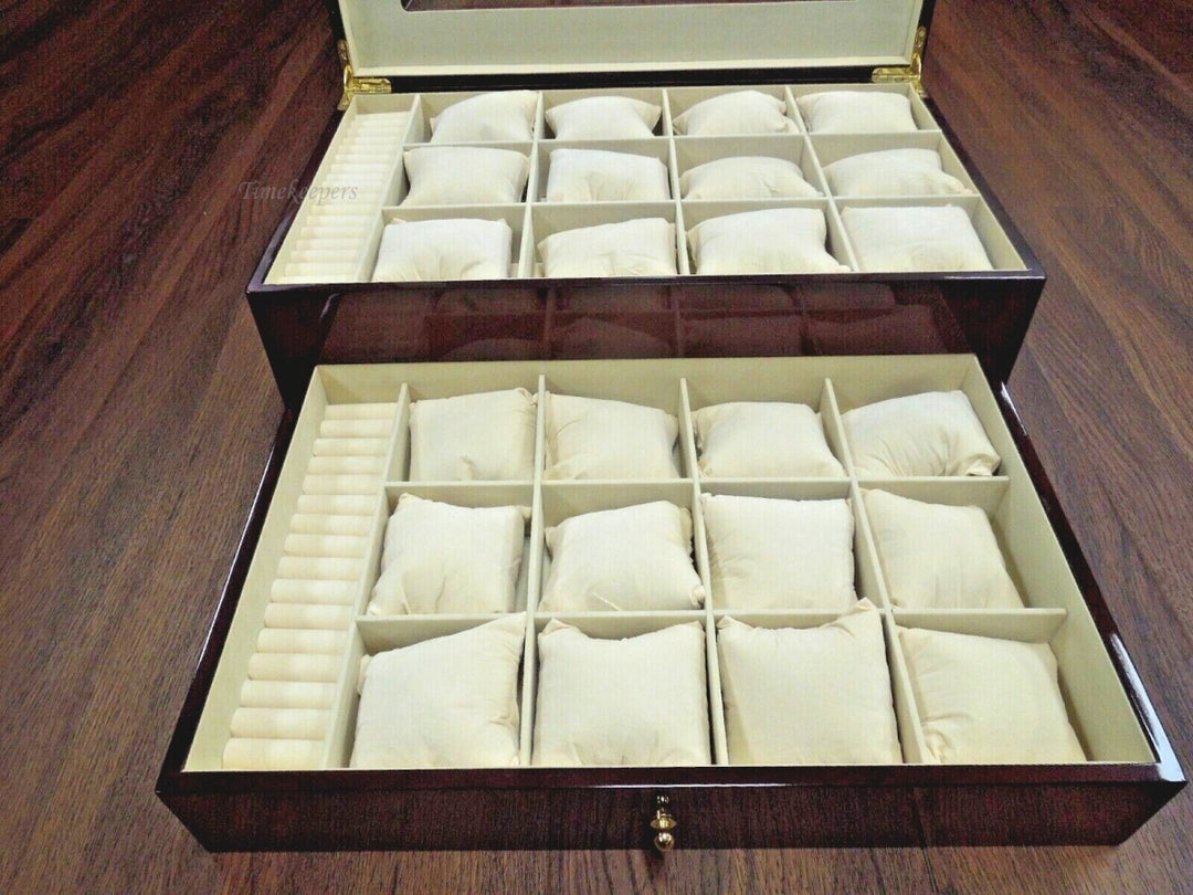 r345 Red Luxury Wooden Watch Box for 24 Watches/Bracelets, Rings W/ Hand Made Pillows