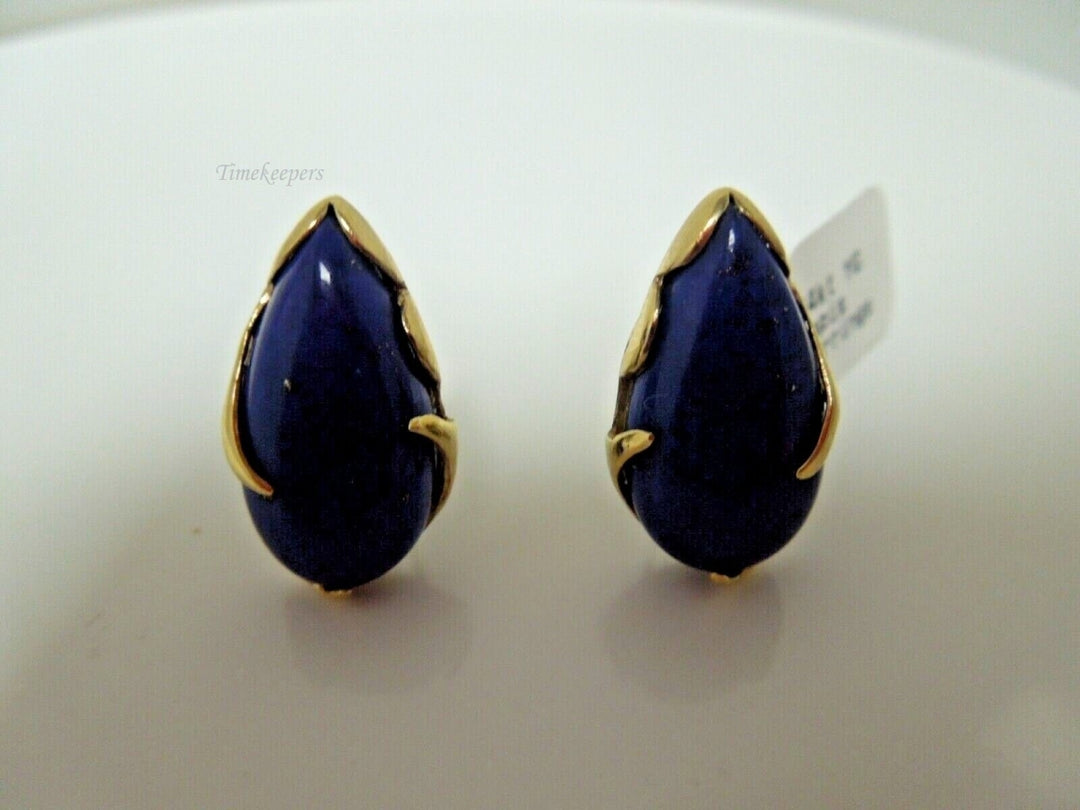 r962 Estate Vintage 14KT Yellow Gold Oval Genuine Blue Lapis Earrings Teardrop Pear