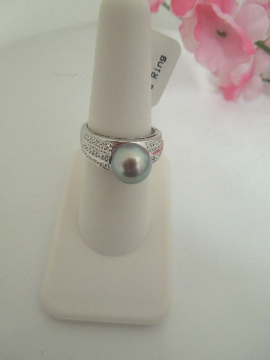 r926 14kt White Gold 9mm Tahitian Pearl and Diamond Ring Size 7 (USA) Signed 