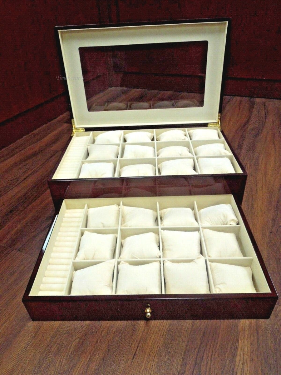 r345 Red Luxury Wooden Watch Box for 24 Watches/Bracelets, Rings W/ Hand Made Pillows