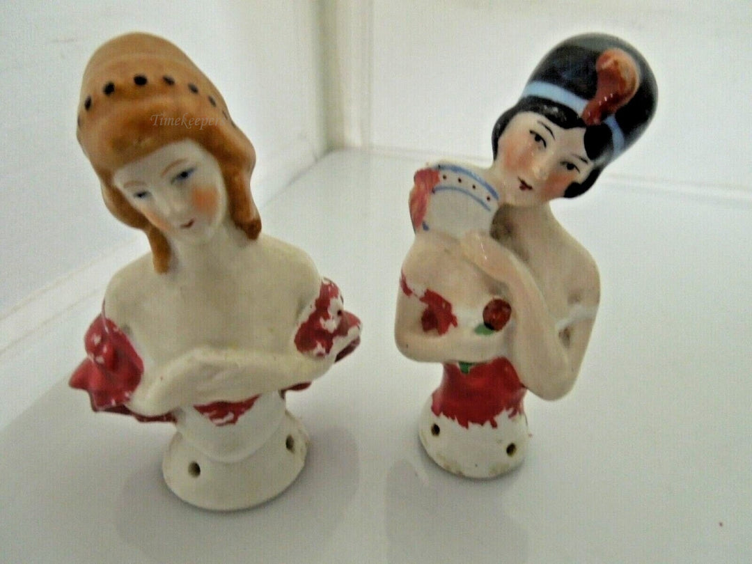 r559 Lot of 2 Half Doll White and Red Lady Woman Pin Cushion Porcelain Ceramic Vtg Old Germany