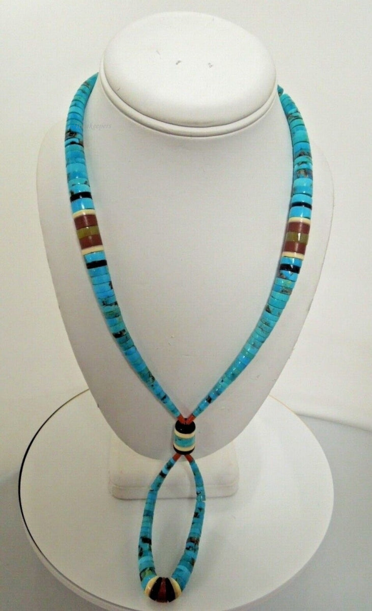 r986 Navajo Native American Blue Graduated Turquoise Heishi Sterling Silver Bead Necklace 27"