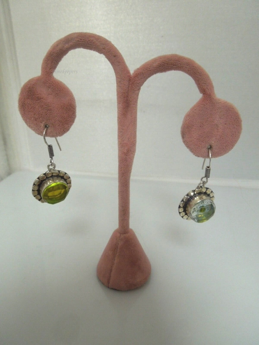 r687 Vintage Lovely Pair of Sterling Silver Green Glass Round Stone Dangle Earrings