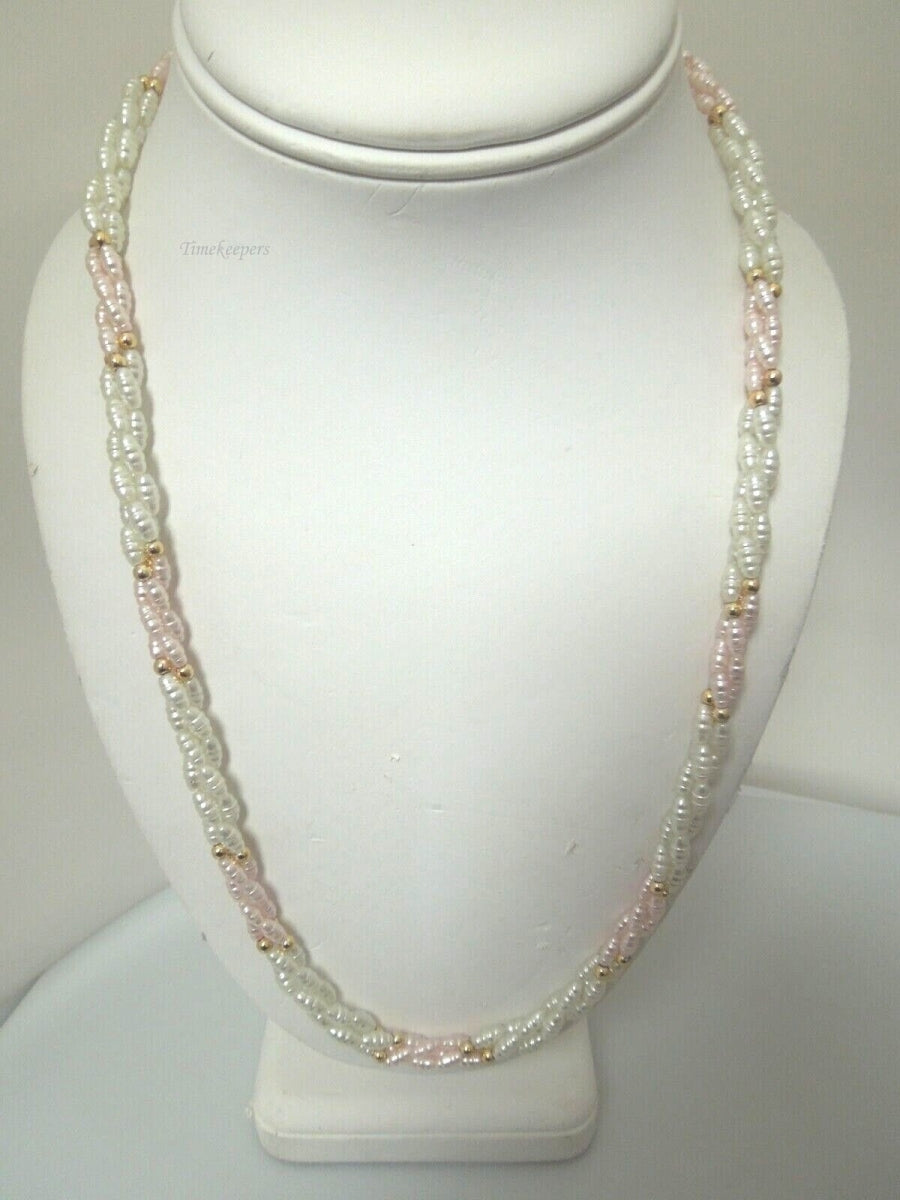 s067 Costume Jewelry Pink and White Faux Pearl Braided Beaded Necklace