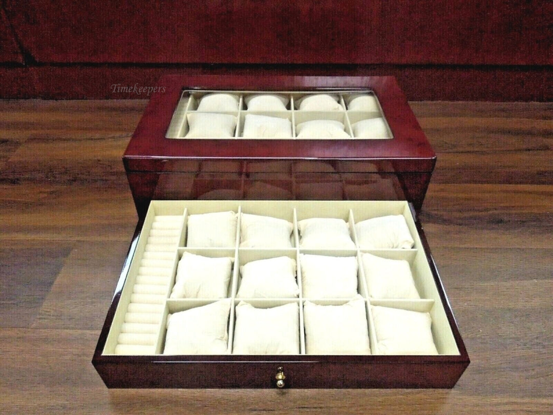 r345 Red Luxury Wooden Watch Box for 24 Watches/Bracelets, Rings W/ Hand Made Pillows