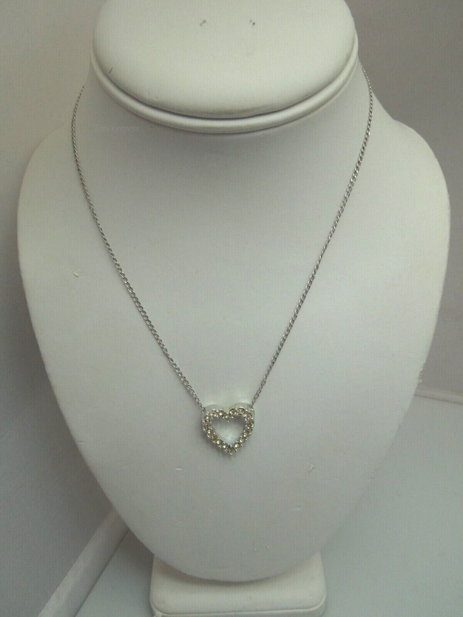 r374 Silvertone Cubic Zirconia Open Heart Pendant and Chain 15"