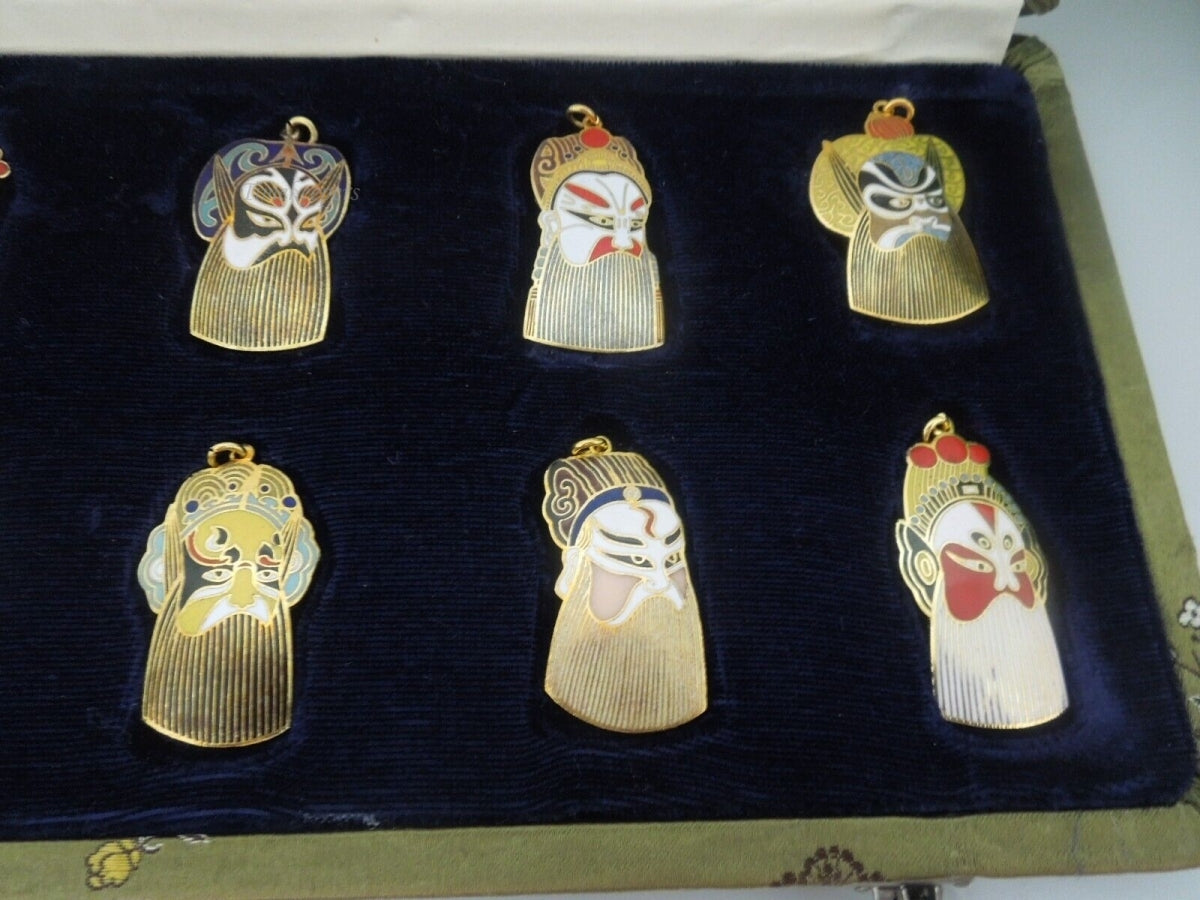 Chinese Opera Masks Vintage Peking Jewelry Pendants Set of 10 - deals In Silk Case