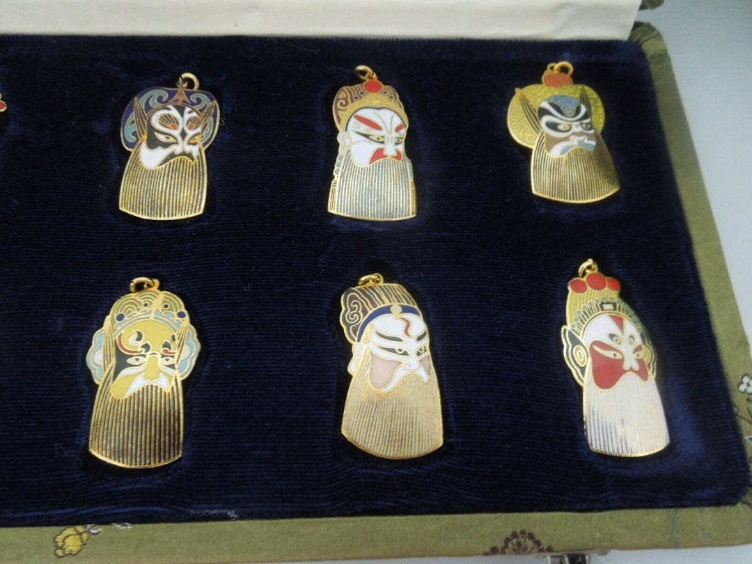 r428 Vintage Enamel Chinese Opera Mask Peking Jewelry Pendant Gold Tone Set of 10 - In Silk Case