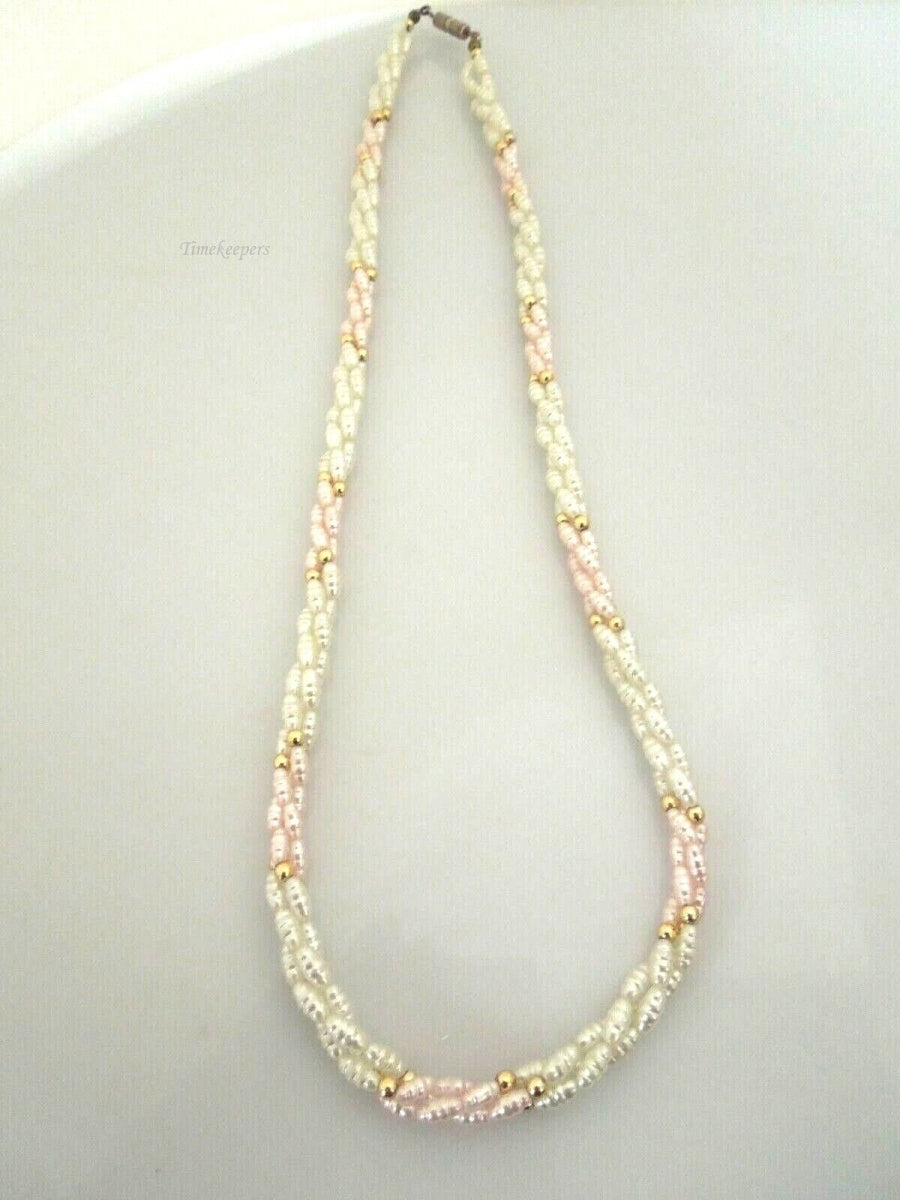 s067 Costume Jewelry Pink and White Faux Pearl Braided Beaded Necklace