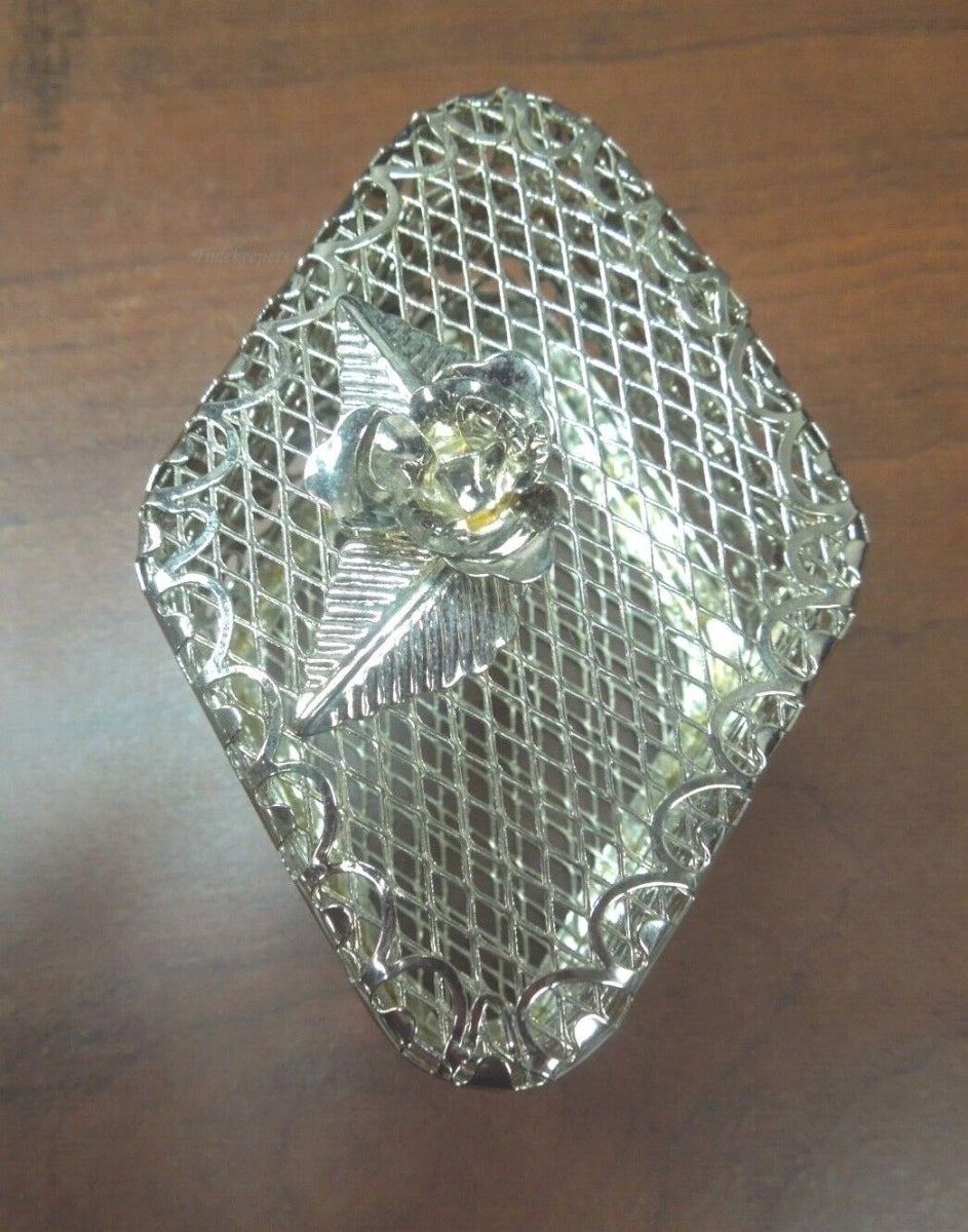 r251 Vintage Rose Diamond Shaped Metal Trinket Jewelry Box Filigree Silver Tone Mesh