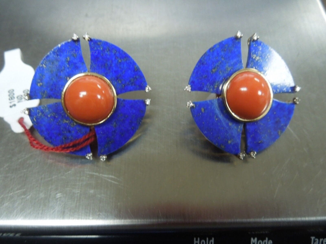 r711 18kt Yellow Gold Lapis Lazuli, Coral & Diamond Earrings