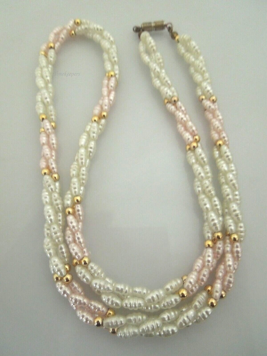 s067 Costume Jewelry Pink and White Faux Pearl Braided Beaded Necklace