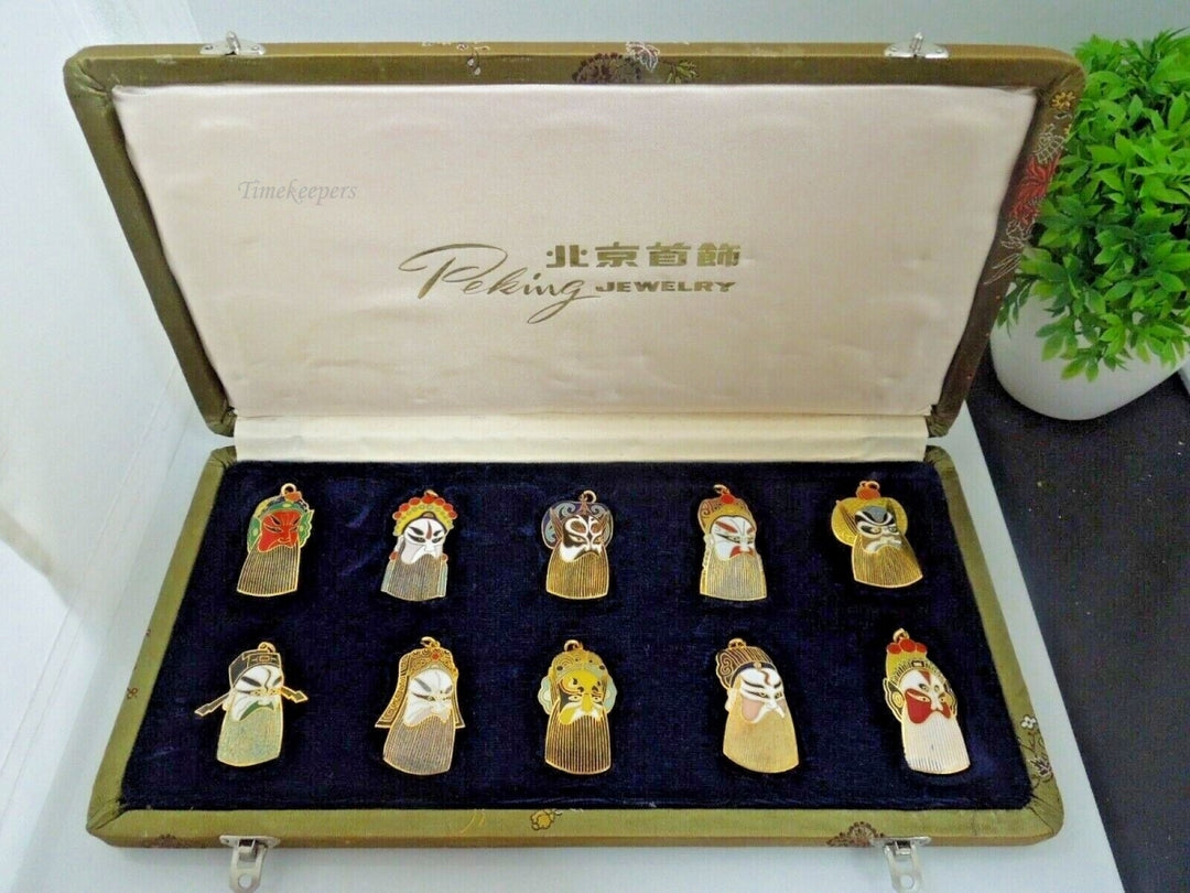 r428 Vintage Enamel Chinese Opera Mask Peking Jewelry Pendant Gold Tone Set of 10 - In Silk Case