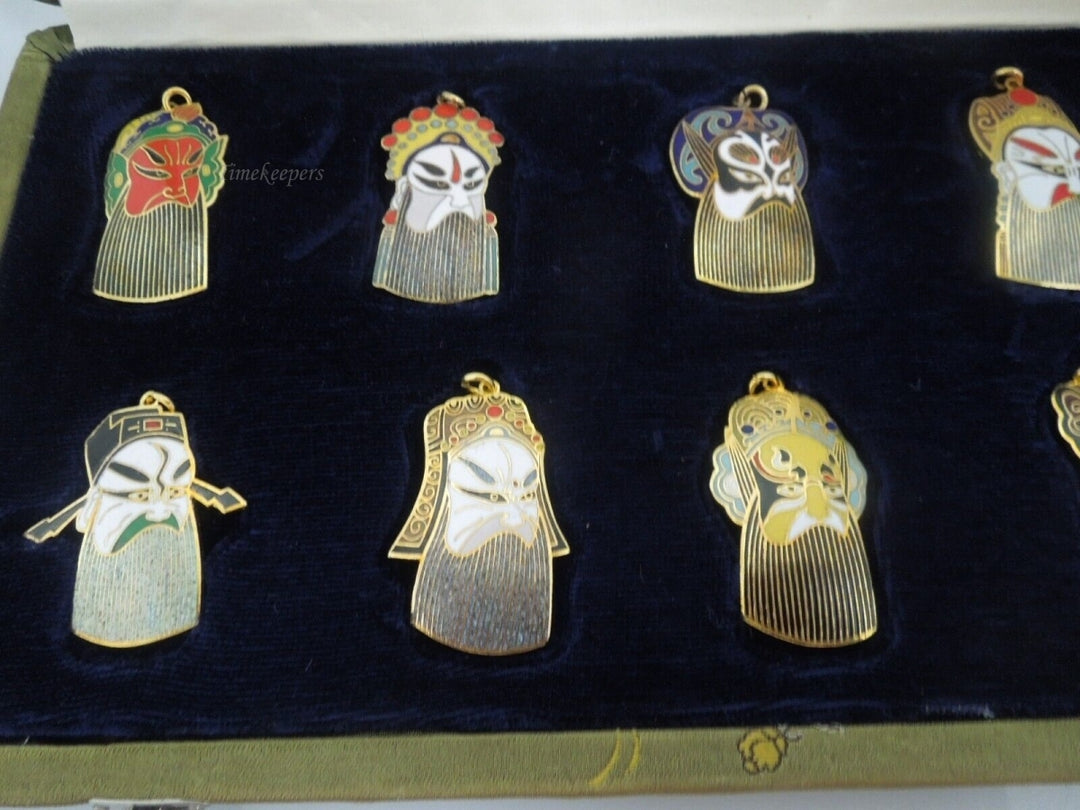 r428 Vintage Enamel Chinese Opera Mask Peking Jewelry Pendant Gold Tone Set of 10 - In Silk Case