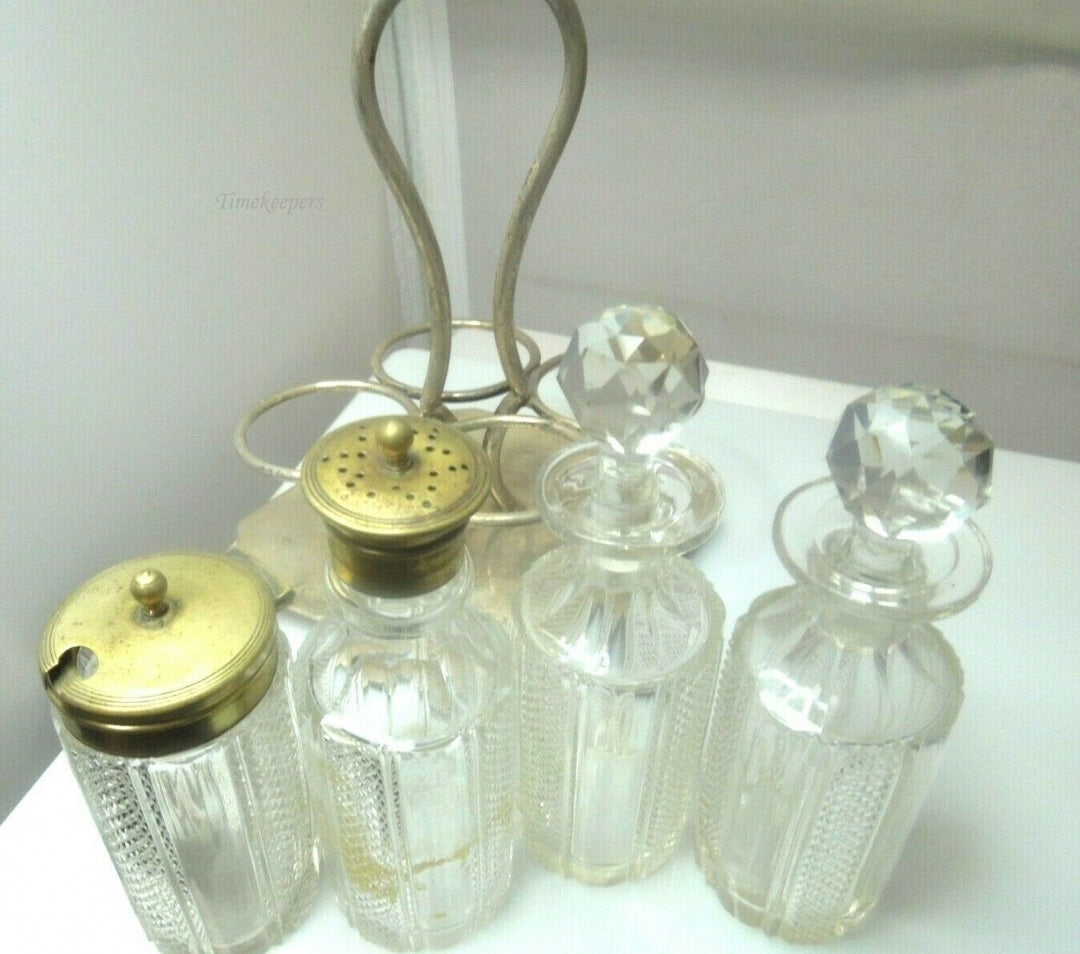 q522 Antique Victorian EPNS Cruet Condiment Set Caddy/Etched Glass