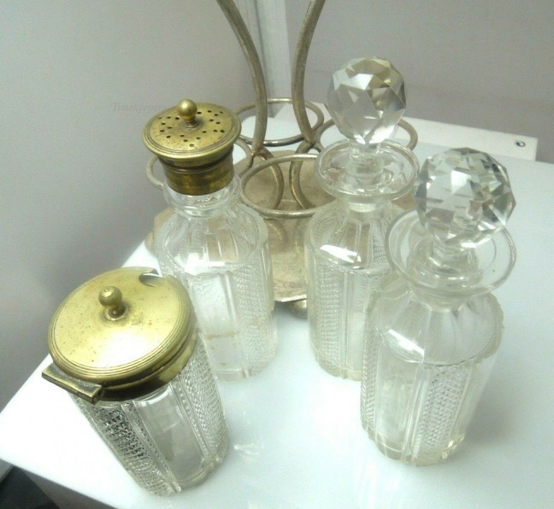 q522 Antique Victorian EPNS Cruet Condiment Set Caddy/Etched Glass