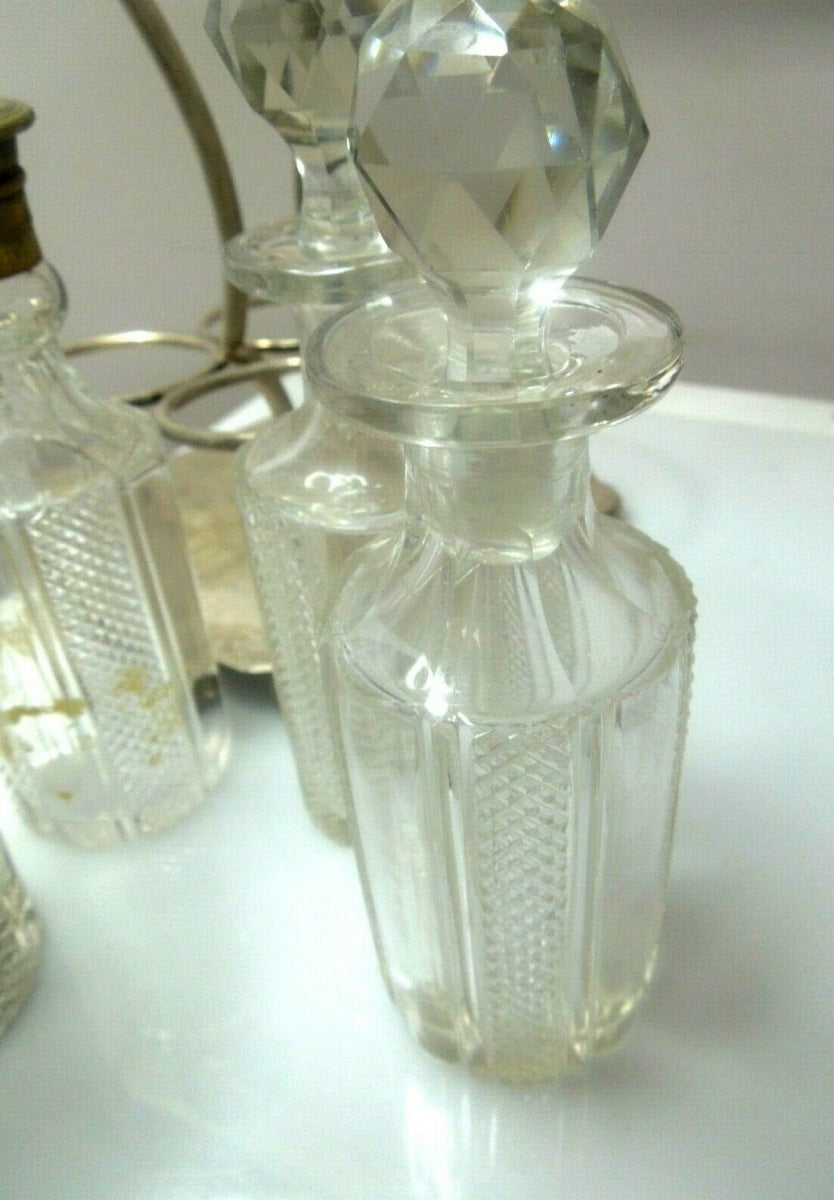 q522 Antique Victorian EPNS Cruet Condiment Set Caddy/Etched Glass