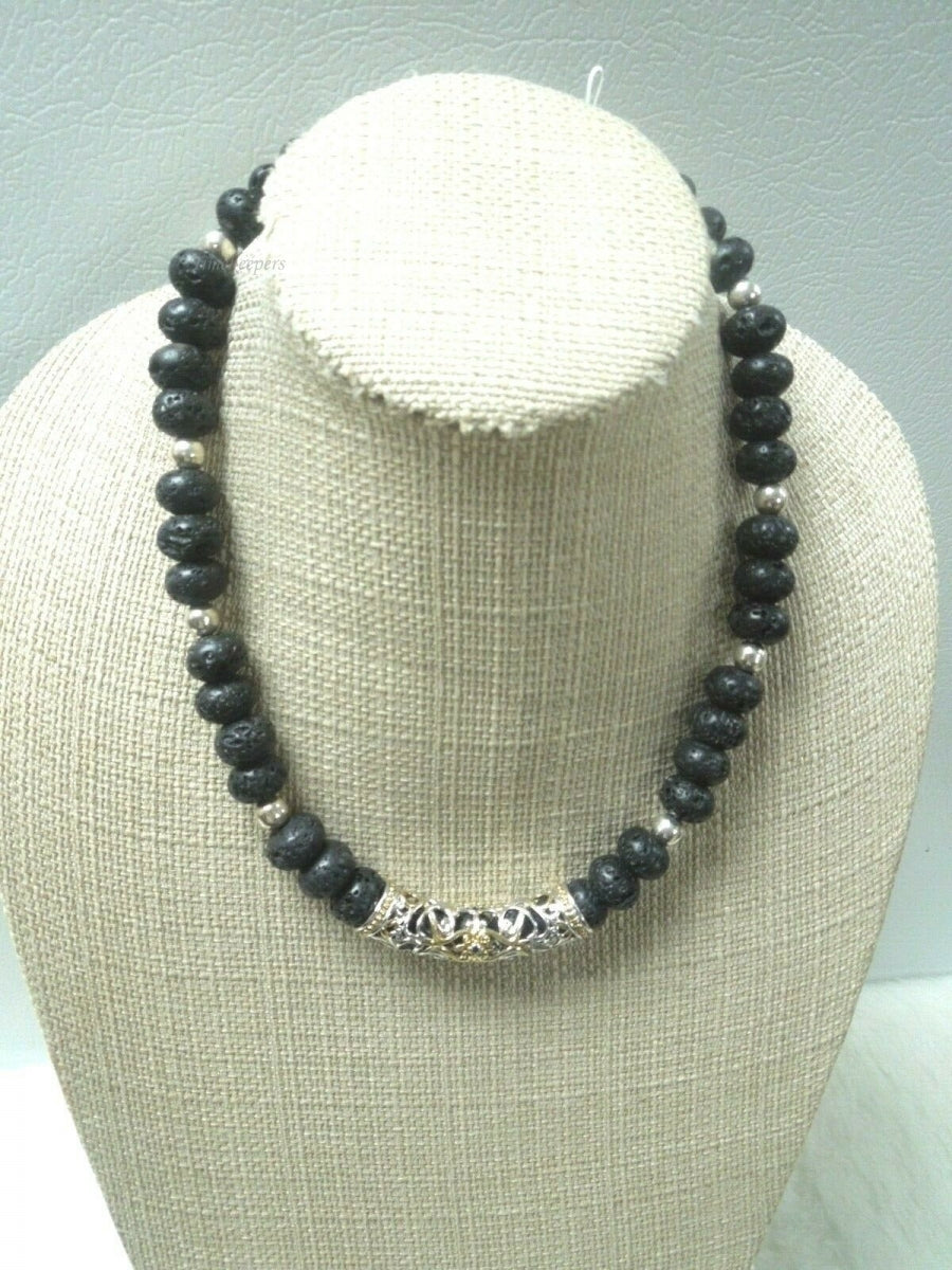 q611 Unique Black Lava Volcano Rock Mexico Sterling Silver Statement Necklace