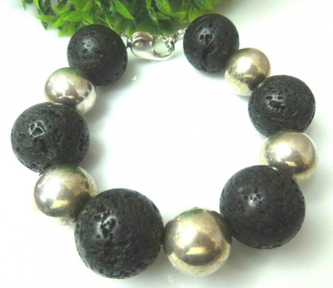 q612 Genuine Natural Black Earthminded Lava Lucky Stone and Silver Balls Bracelet Size 8"