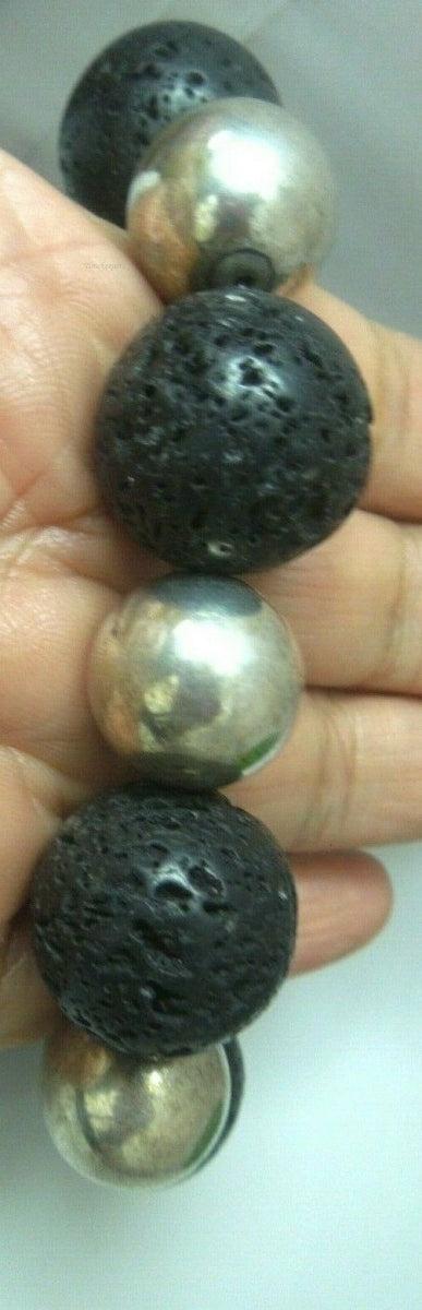 q612 Genuine Natural Black Earthminded Lava Lucky Stone and Silver Balls Bracelet Size 8"