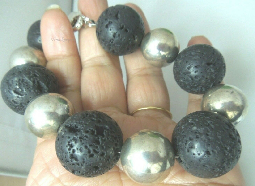 q612 Genuine Natural Black Earthminded Lava Lucky Stone and Silver Balls Bracelet Size 8"