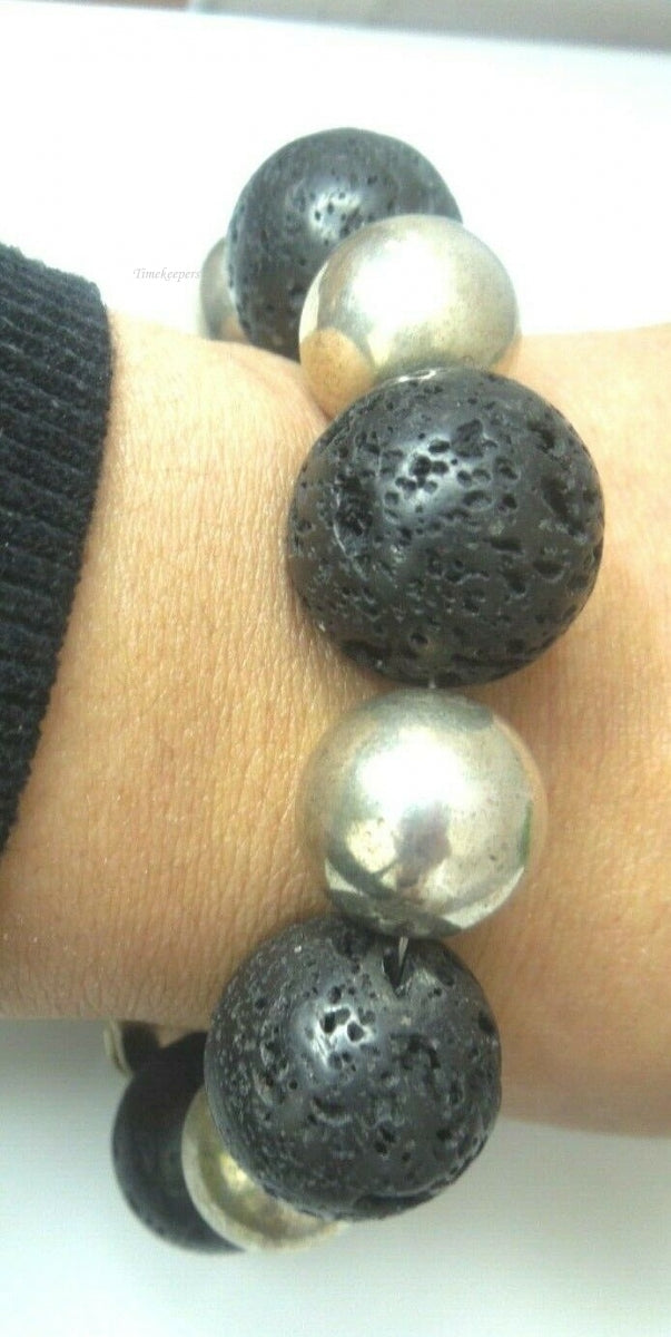 q612 Genuine Natural Black Earthminded Lava Lucky Stone and Silver Balls Bracelet Size 8"